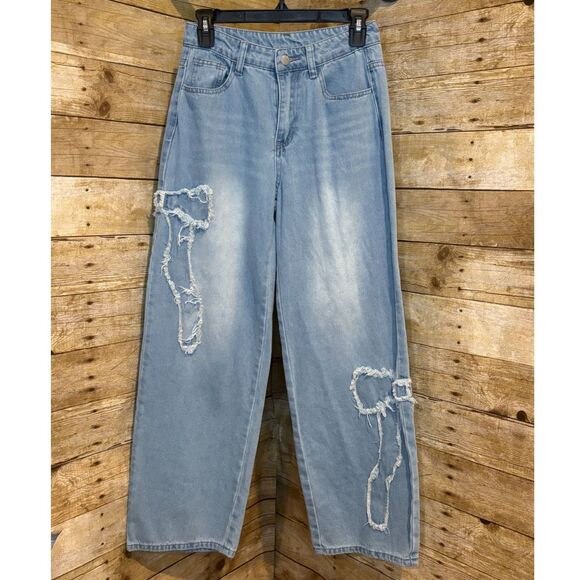 SHEIN HIGH RISE WIDE LEG DISTRESSED BOW DETAIL DESIGN CUTE EVERYDAY JEANS SZ. 26 - Picture 1 of 5